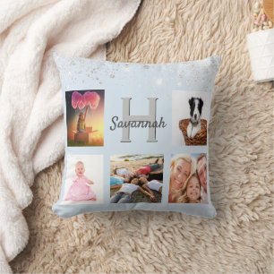 Baby blue silver glitter photo collage name throw pillow
