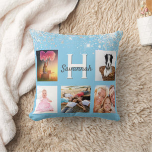 Baby blue silver glitter photo collage name throw pillow