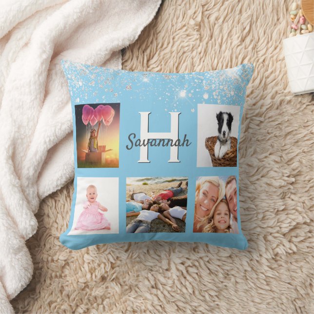 Baby blue silver glitter photo collage name throw pillow (Blanket)