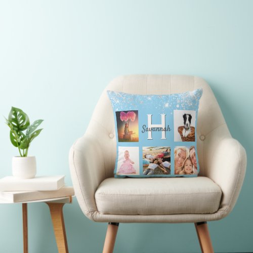 Baby blue silver glitter photo collage name throw pillow
