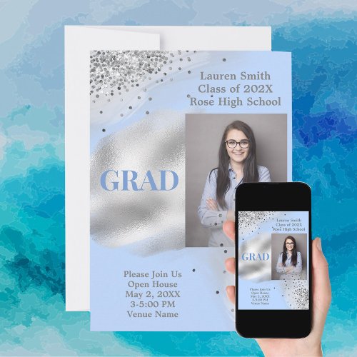 Baby Blue Silver Glitter Photo Graduation  Invitation