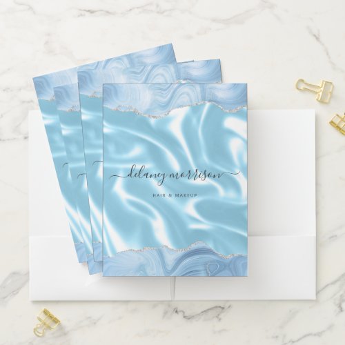 Baby Blue Silver Glitter Silk Luxury Pocket Folder