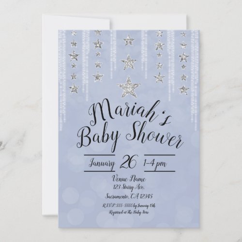 Baby Blue  Silver Glitter Stars Baby Shower Invitation