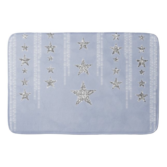 Baby Blue & Silver Glitter Stars Sparkle Glam Bath Mat (Front)