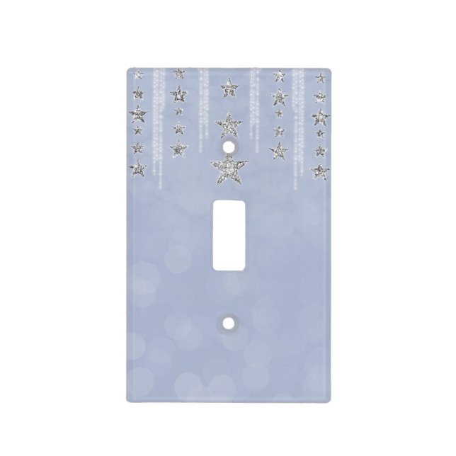 Baby Blue & Silver Glitter Stars Sparkle Glam Light Switch Cover (Front)