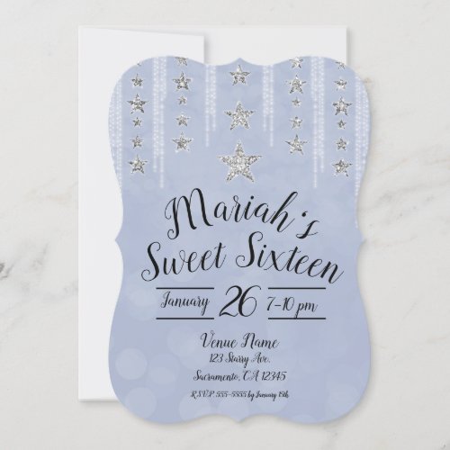 Baby Blue  Silver Glitter Stars Sweet 16 Party Invitation