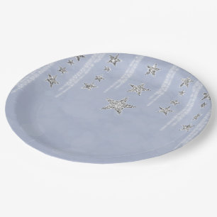 Baby Blue & Silver Glitter Stars Sweet 16 Party Paper Plates
