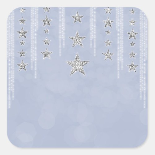 Baby Blue  Silver Glitter Stars Sweet 16 Party Square Sticker