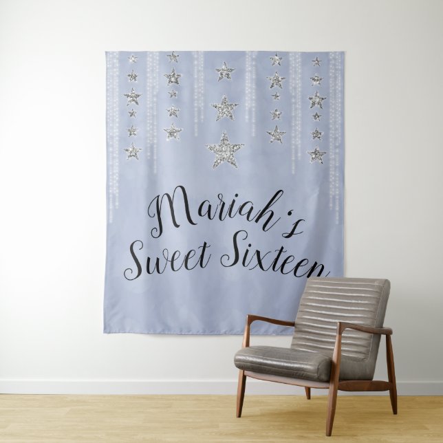Baby Blue & Silver Glitter Stars Sweet 16 Party Tapestry (In Situ)