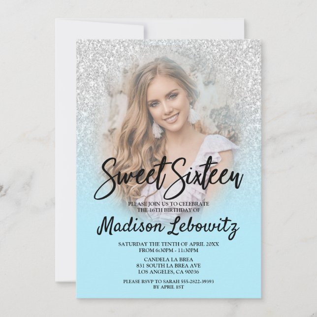Baby Blue & Silver Glitter Sweet 16 Photo Invite (Front)