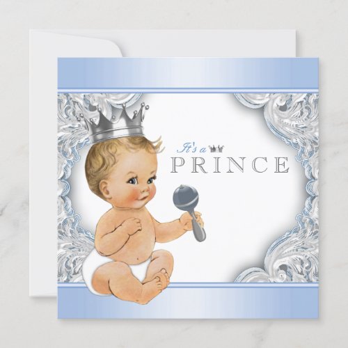 Baby Blue Silver Prince Baby Shower Invitation