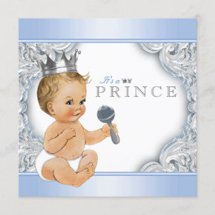 Baby Blue Silver Prince Baby Shower Invitation