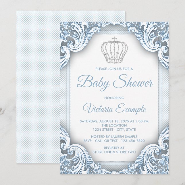 Baby Blue Silver Prince Baby Shower Invitations (Front/Back)