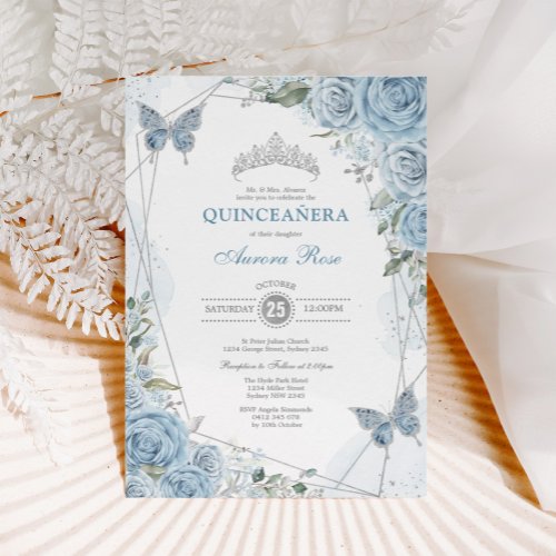 Baby Blue Silver Quinceaera Butterfly Geometric Invitation