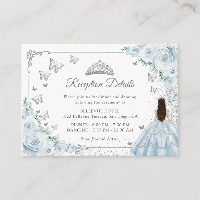 Baby Blue Silver Quincenarea Reception Details Enclosure Card (Front)