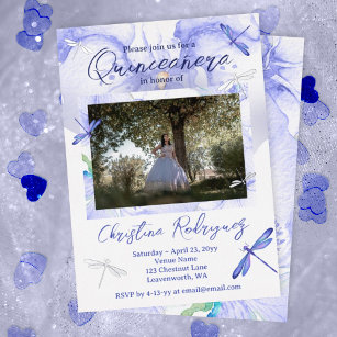 Baby Blue, Silver Watercolor Orchid Quinceanera Foil Invitation