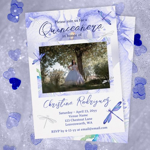 Baby Blue Silver Watercolor Orchid Quinceanera Foil Invitation