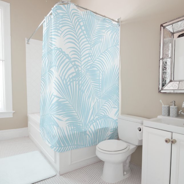 Baby blue simple modern tropical palm tree floral shower curtain (In Situ)