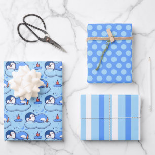 Baby Blue Sleeping Penguin Wrapping Paper Set