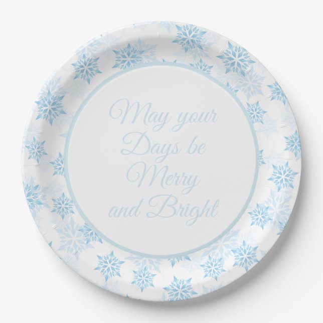 Baby Blue Snowflakes White Merry Bright Christmas Paper Plates (Front)