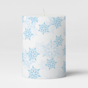 Baby Blue Snowflakes White Winter Christmas Pillar Candle
