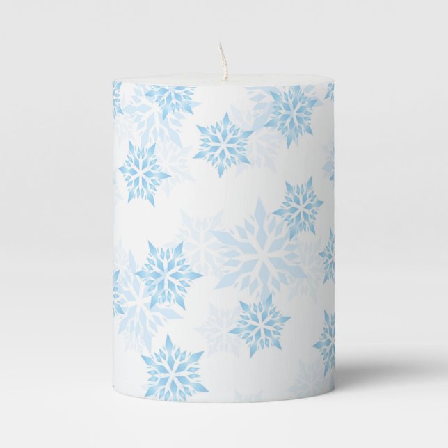 Baby Blue Snowflakes White Winter Christmas Pillar Candle (Front)