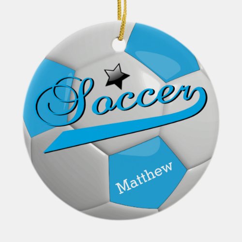 Baby Blue Soccer Ball Star Player  Personalize Ceramic Ornament