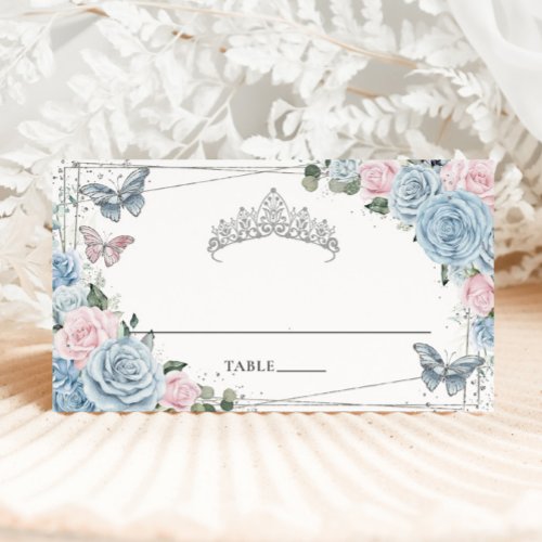 Baby Blue Soft Pink Floral Butterflies Quinceaera Place Card