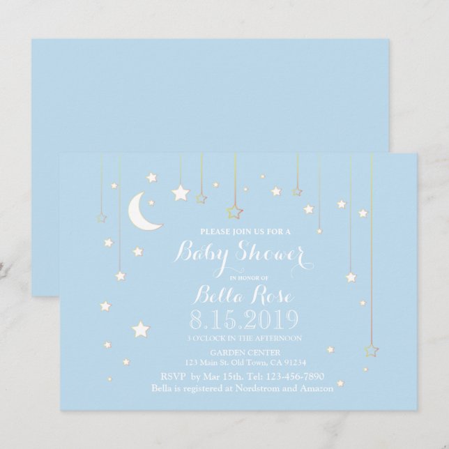 Baby blue star moon boy baby shower invite (Front/Back)