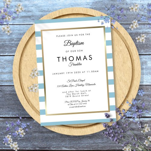 Baby Blue Stripe Baptism Christening Invitation