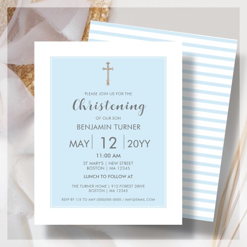 Baby Blue Stripe  Christening Budget Invitation