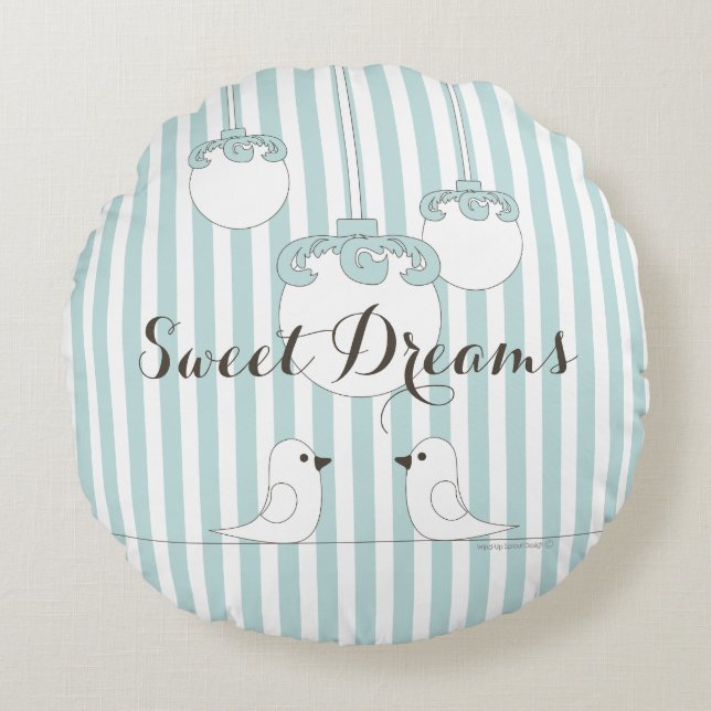 Baby Blue Stripe Cute Bird Children's Nursery Room Round Pillow (Front)