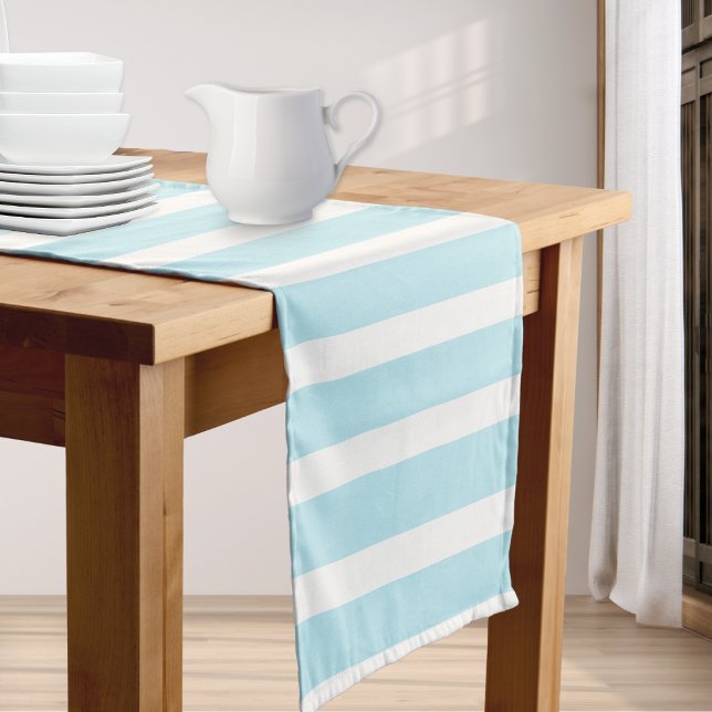 Baby Blue Stripe Patterned Chic Elegant Simple Short Table Runner (A table runner with light blue and white striped pattern)