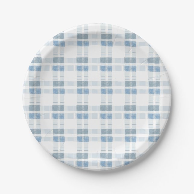 Baby Blue Stripes Checkered Pattern Paper Plates (Front)