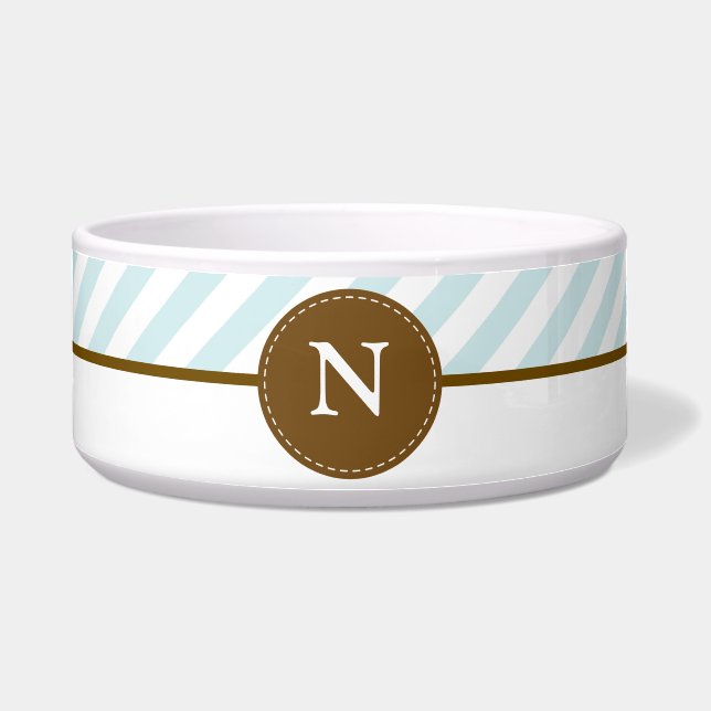 Baby Blue Stripes Custom Monogram Pet Bowl (Front)