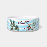 Baby Blue Stripes Pattern with Floral | Custom Dog Bowl<br><div class="desc">Modern design pet bowl featuring baby blue and white stripped pattern with winter red berries and greenery for your lovely companion. Click to 'Personalize the Template'  to write your dog's name. Love Dogs,  Always!</div>