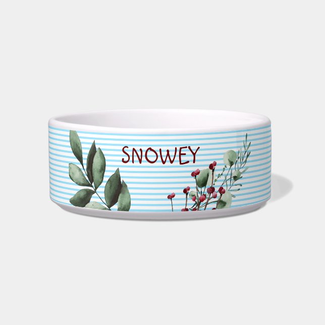 Baby Blue Stripes Pattern with Floral | Custom Dog Bowl (Front)