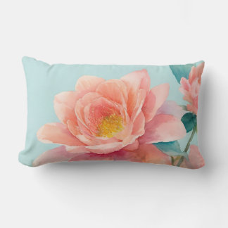Baby Blue, Teal and Pink Floral Watercolor Lumbar Pillow