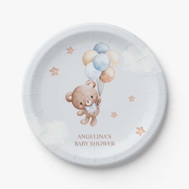 Baby Blue Teddy Bear Baby Shower Paper Plates (Front)