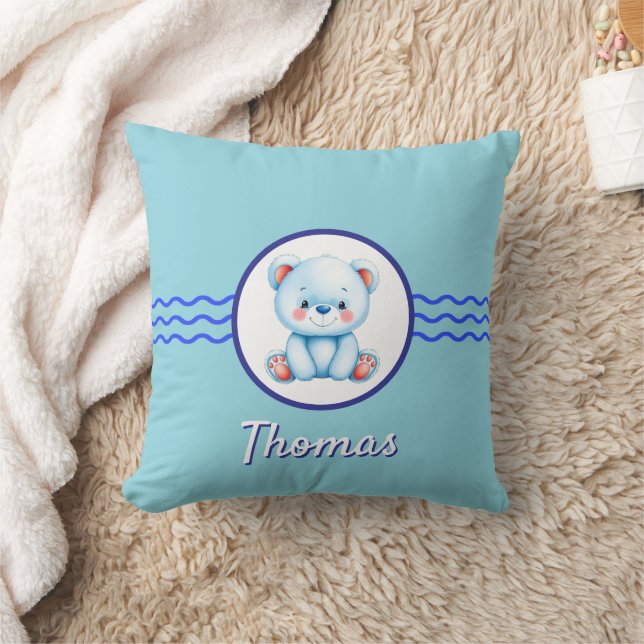 Baby blue teddy bear custom name throw pillow (Blanket)