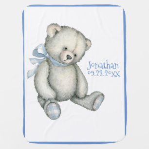 Baby Blue Teddy Bear Typography Name Date Blanket