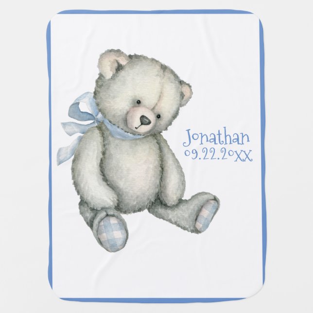 Baby Blue Teddy Bear Typography Name Date Blanket (Front)