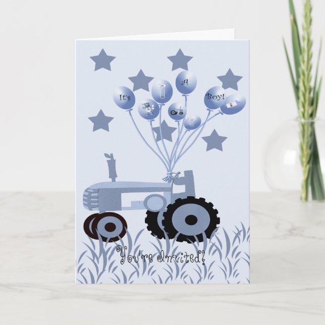 Baby Blue Tractor with Balloons Card (Front)