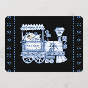 Baby Blue Train Baby Boy Shower Invitation
