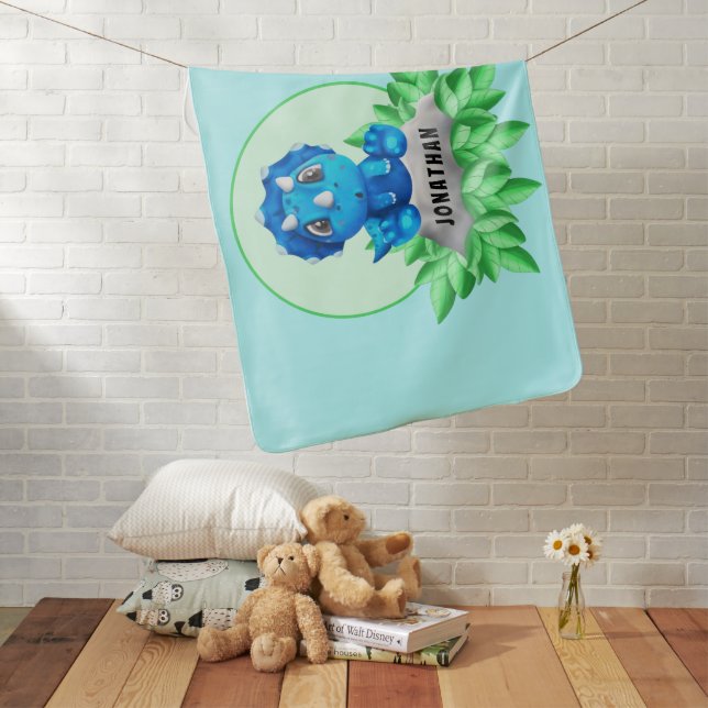 Baby Blue Triceratops Dinosaur Baby Blanket (In Situ)