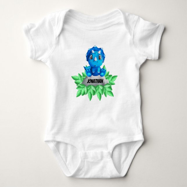 Baby Blue Triceratops Dinosaur Baby Bodysuit (Front)