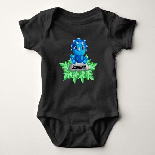 Baby Blue Triceratops Dinosaur Black Baby Bodysuit