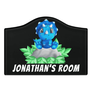 Baby Blue Triceratops Dinosaur Black Door Sign