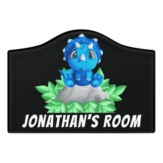 Baby Blue Triceratops Dinosaur Black Door Sign (Small Crest Front)