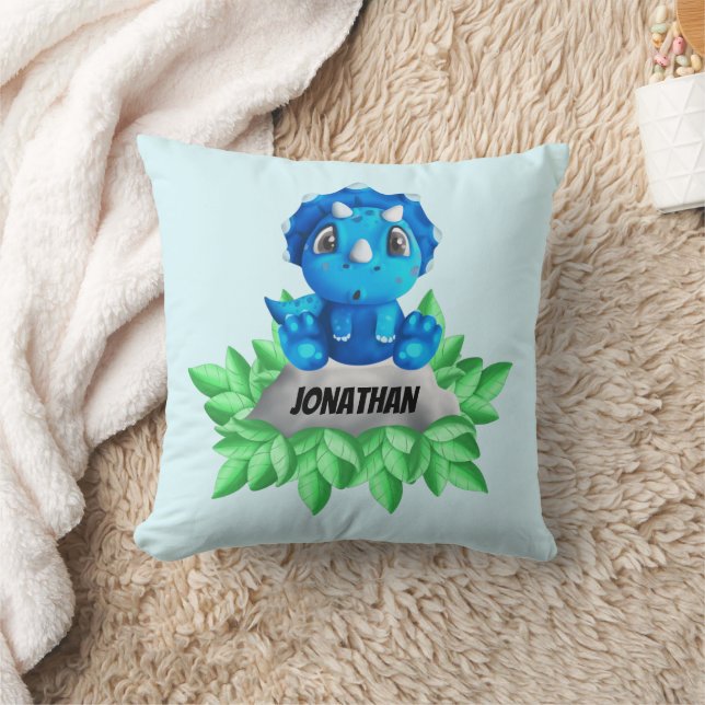 Baby Blue Triceratops Dinosaur  Throw Pillow (Blanket)